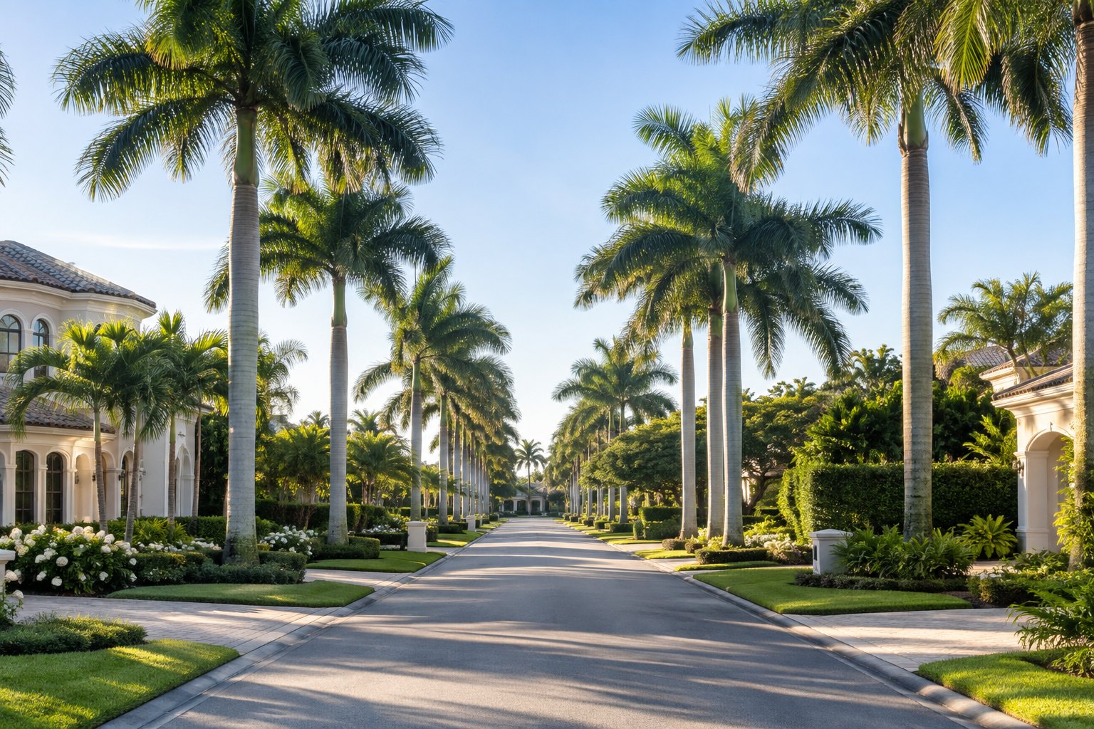 A palm lined residential street in Southwest Florida