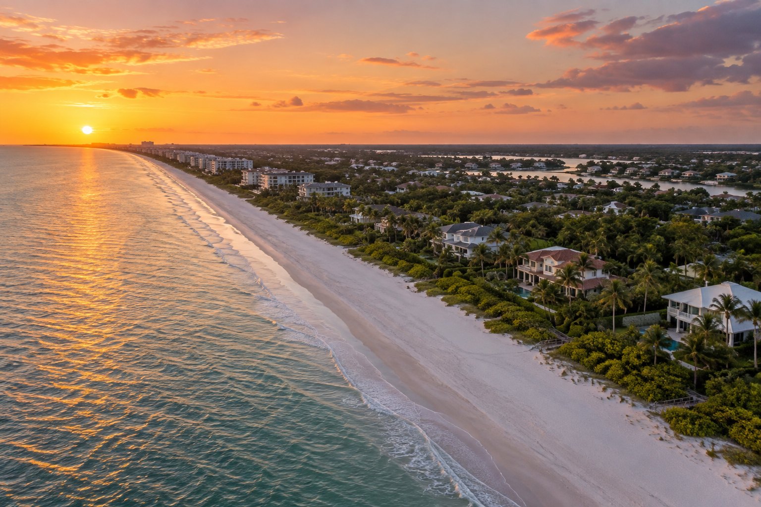 Aerial of the Southwest Florida Gulf coast at sunset