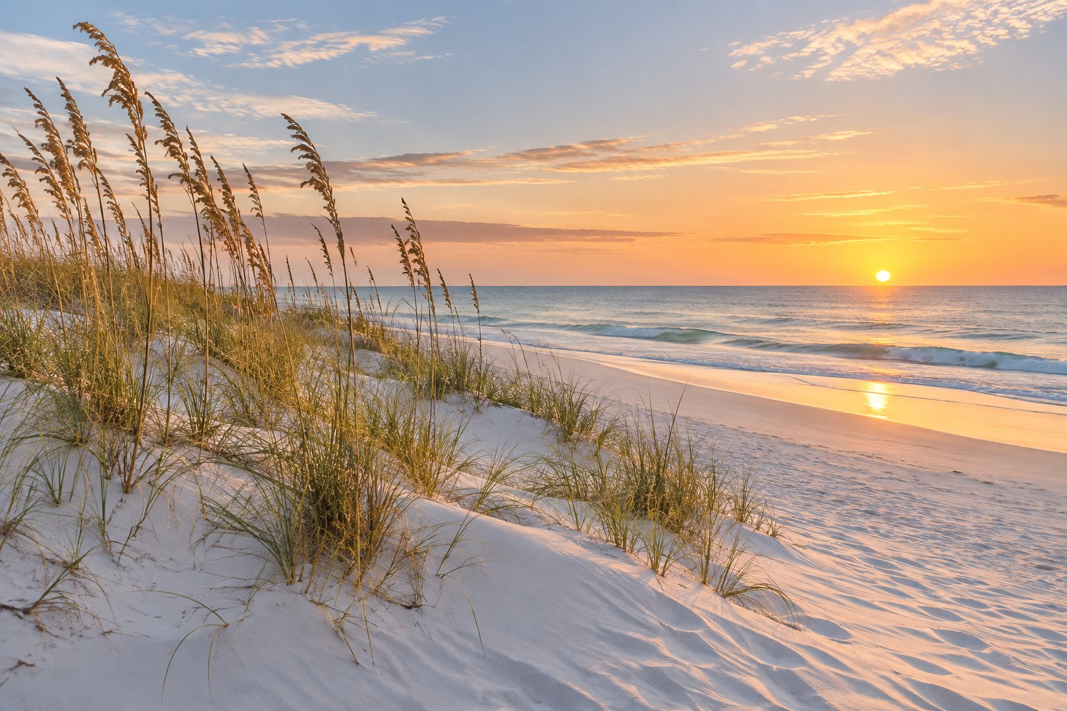 Sea oats on a Gulf beach at sunset